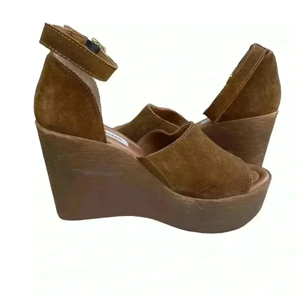 Steve Madden Ankle Strap Bellini Platform Wedge Brown Suede sandals sz 7.5